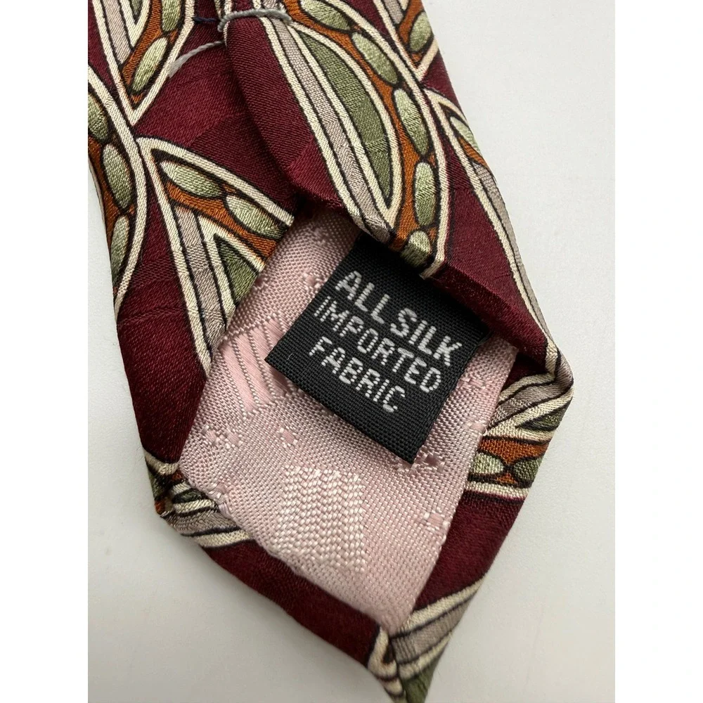Monsieur Givenchy Necktie Mens OS Burgundy Geometric Leaf Silk Classic Designer